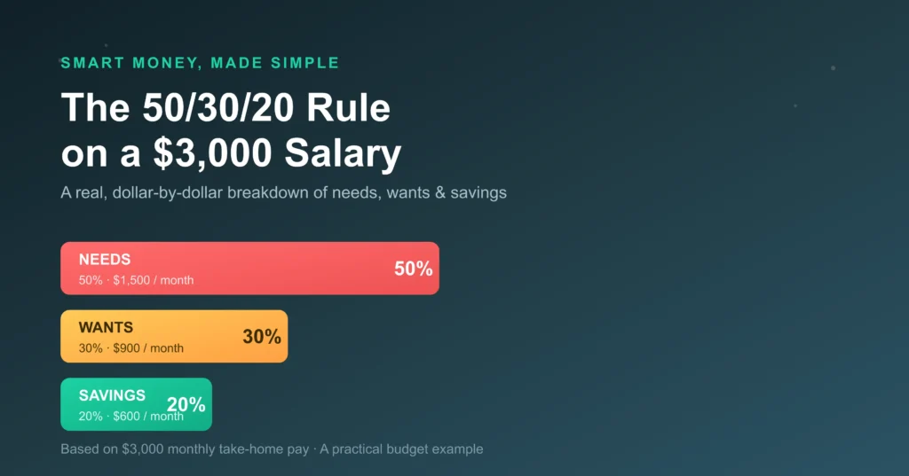 50/30/20 Budget Rule Example for a $3000 Salary